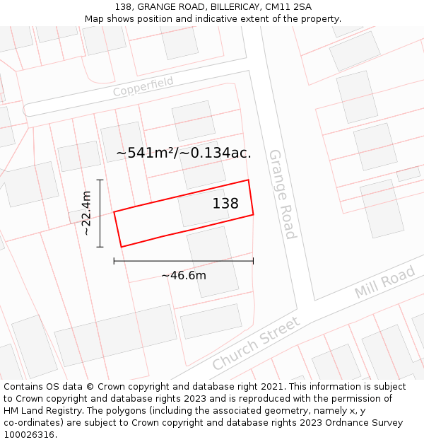 138, GRANGE ROAD, BILLERICAY, CM11 2SA: Plot and title map