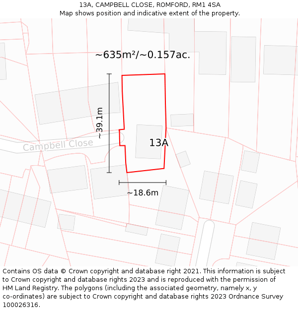 13A, CAMPBELL CLOSE, ROMFORD, RM1 4SA: Plot and title map