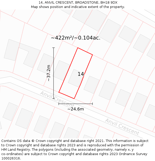 14, ANVIL CRESCENT, BROADSTONE, BH18 9DX: Plot and title map