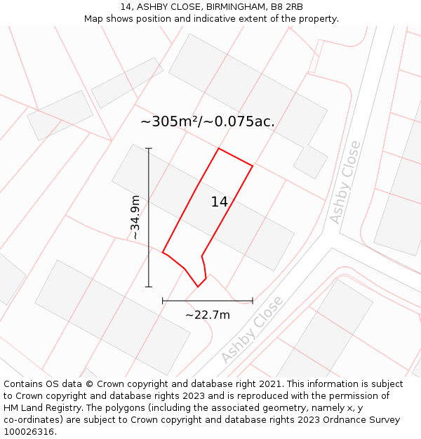 14, ASHBY CLOSE, BIRMINGHAM, B8 2RB: Plot and title map