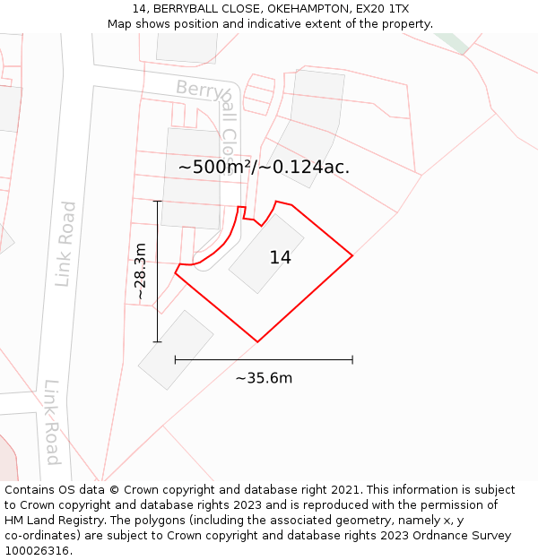 14, BERRYBALL CLOSE, OKEHAMPTON, EX20 1TX: Plot and title map