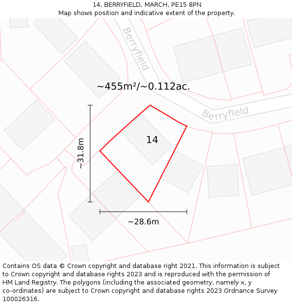 14, BERRYFIELD, MARCH, PE15 8PN: Plot and title map