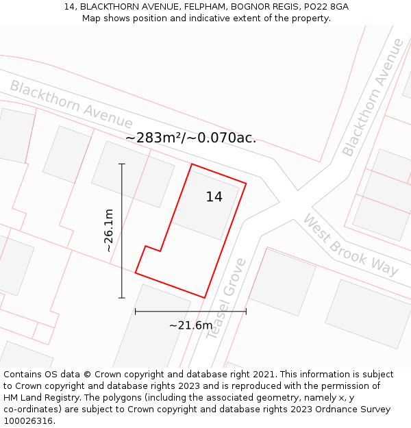 14, BLACKTHORN AVENUE, FELPHAM, BOGNOR REGIS, PO22 8GA: Plot and title map