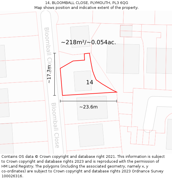 14, BLOOMBALL CLOSE, PLYMOUTH, PL3 6QG: Plot and title map