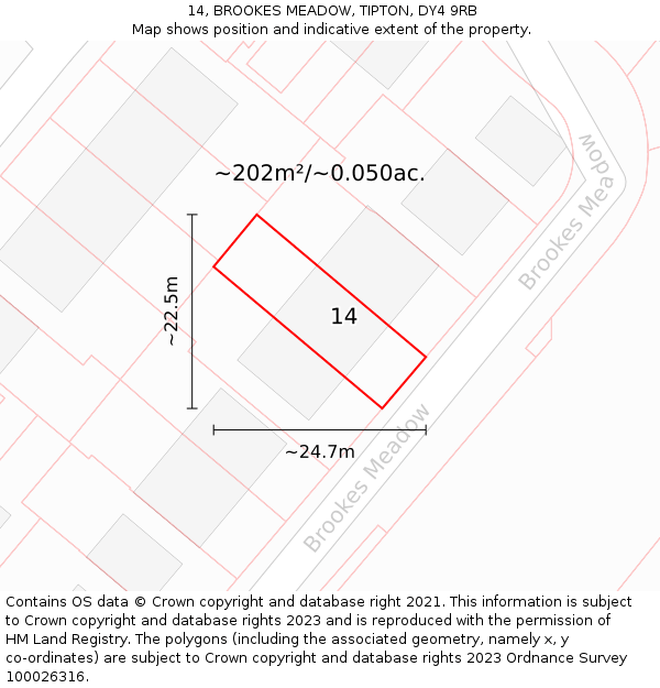 14, BROOKES MEADOW, TIPTON, DY4 9RB: Plot and title map