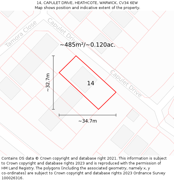 14, CAPULET DRIVE, HEATHCOTE, WARWICK, CV34 6EW: Plot and title map