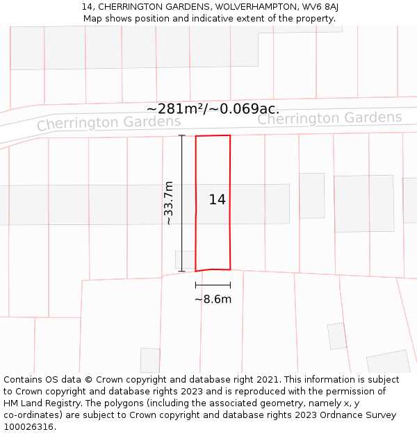 14, CHERRINGTON GARDENS, WOLVERHAMPTON, WV6 8AJ: Plot and title map