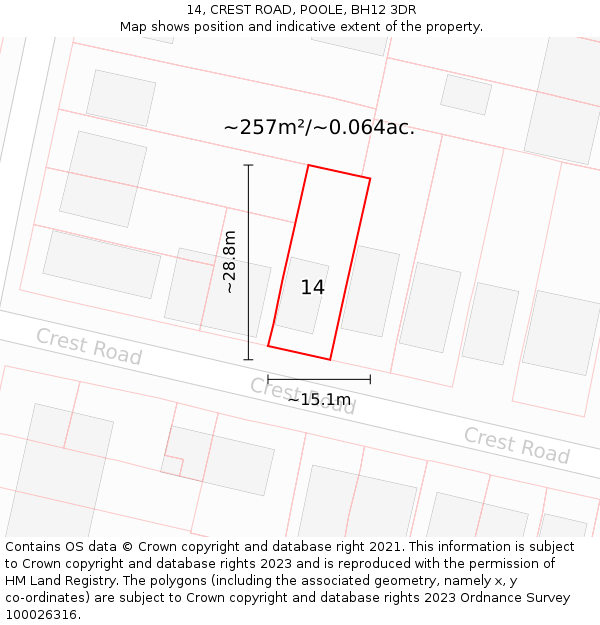 14, CREST ROAD, POOLE, BH12 3DR: Plot and title map