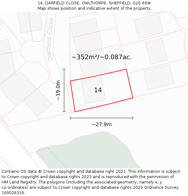 14, DARFIELD CLOSE, OWLTHORPE, SHEFFIELD, S20 6SW: Plot and title map