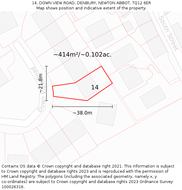 14, DOWN VIEW ROAD, DENBURY, NEWTON ABBOT, TQ12 6ER: Plot and title map