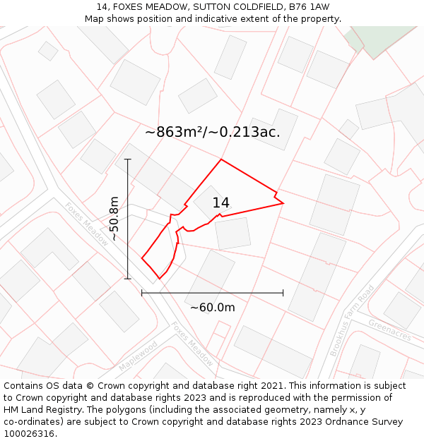 14, FOXES MEADOW, SUTTON COLDFIELD, B76 1AW: Plot and title map