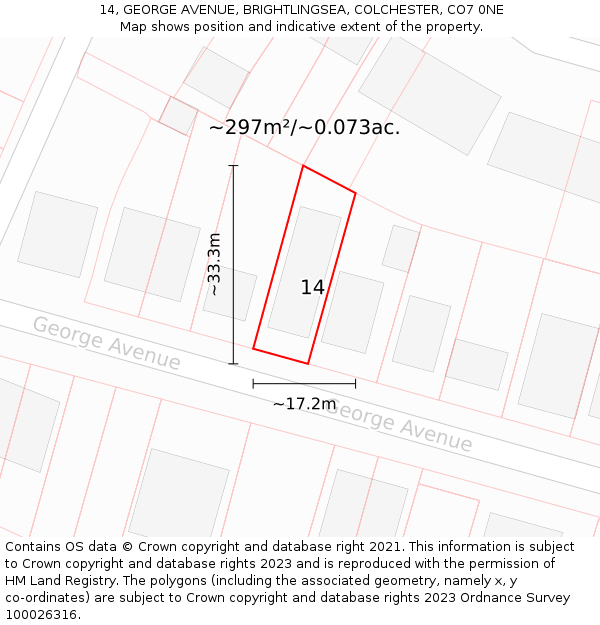 14, GEORGE AVENUE, BRIGHTLINGSEA, COLCHESTER, CO7 0NE: Plot and title map