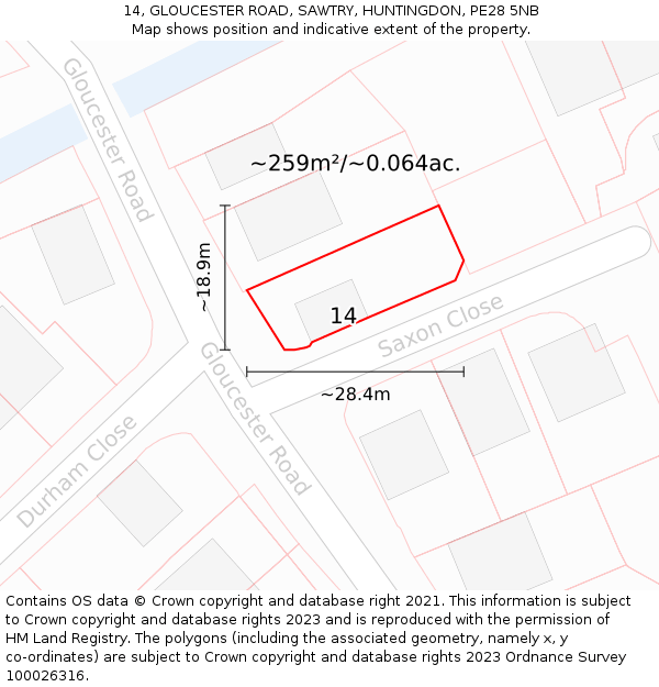 14, GLOUCESTER ROAD, SAWTRY, HUNTINGDON, PE28 5NB: Plot and title map