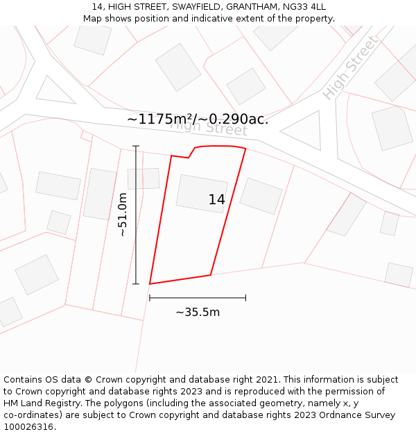 14, HIGH STREET, SWAYFIELD, GRANTHAM, NG33 4LL: Plot and title map