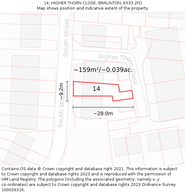 14, HIGHER THORN CLOSE, BRAUNTON, EX33 2FD: Plot and title map