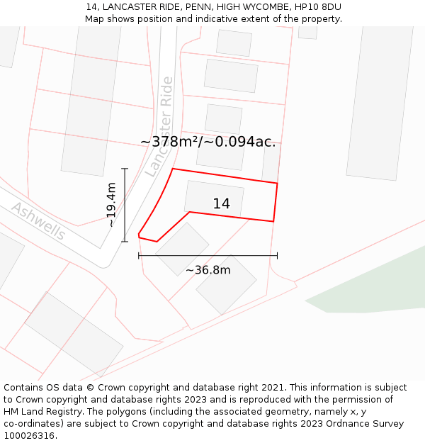 14, LANCASTER RIDE, PENN, HIGH WYCOMBE, HP10 8DU: Plot and title map