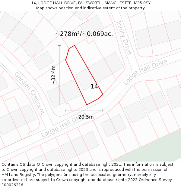 14, LODGE HALL DRIVE, FAILSWORTH, MANCHESTER, M35 0SY: Plot and title map