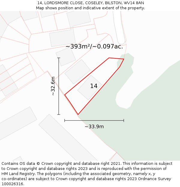 14, LORDSMORE CLOSE, COSELEY, BILSTON, WV14 8AN: Plot and title map