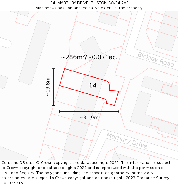 14, MARBURY DRIVE, BILSTON, WV14 7AP: Plot and title map