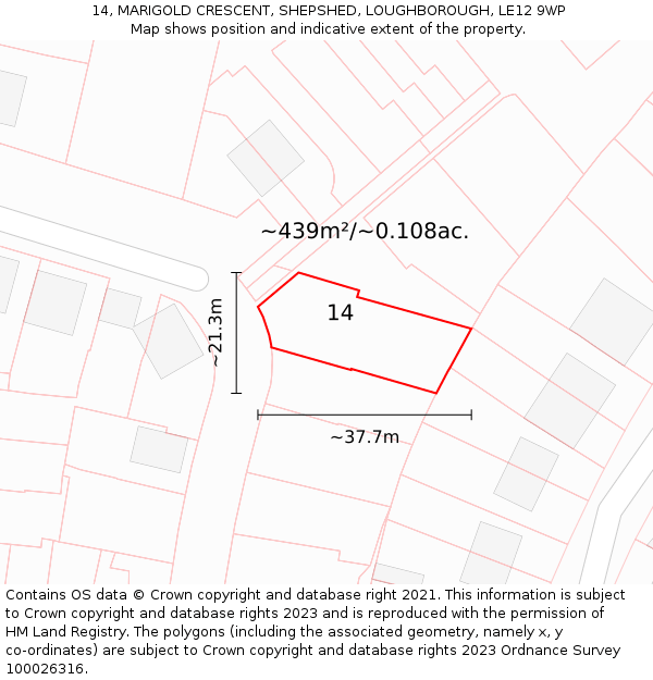 14, MARIGOLD CRESCENT, SHEPSHED, LOUGHBOROUGH, LE12 9WP: Plot and title map