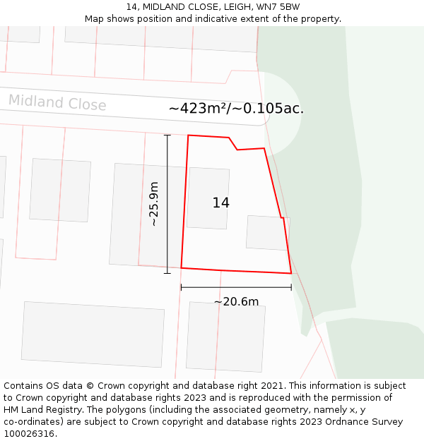 14, MIDLAND CLOSE, LEIGH, WN7 5BW: Plot and title map