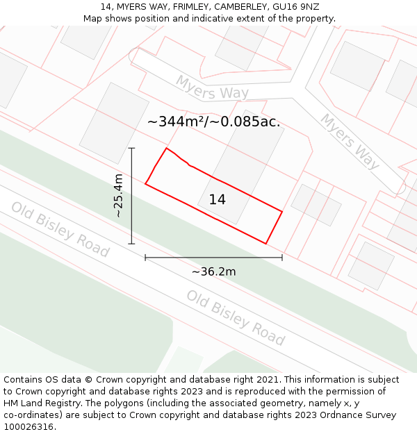 14, MYERS WAY, FRIMLEY, CAMBERLEY, GU16 9NZ: Plot and title map