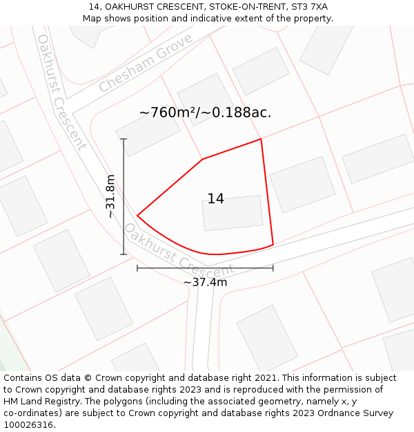 14, OAKHURST CRESCENT, STOKE-ON-TRENT, ST3 7XA: Plot and title map