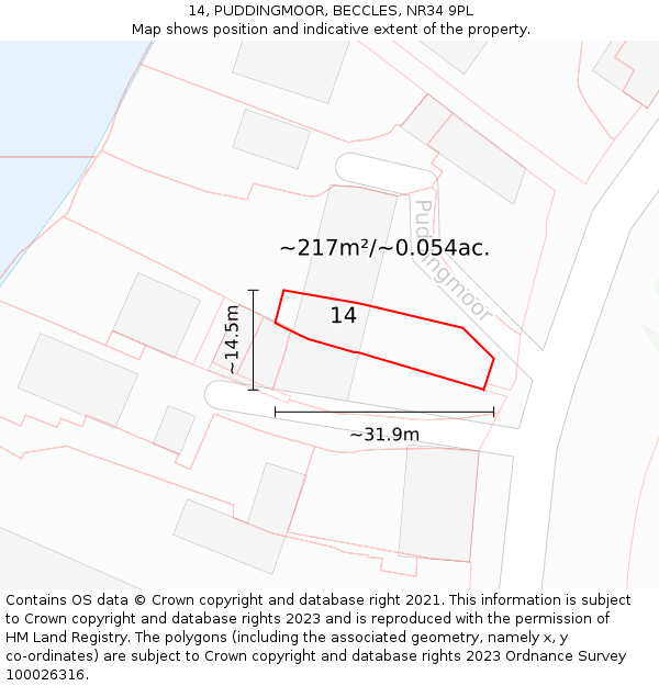 14, PUDDINGMOOR, BECCLES, NR34 9PL: Plot and title map