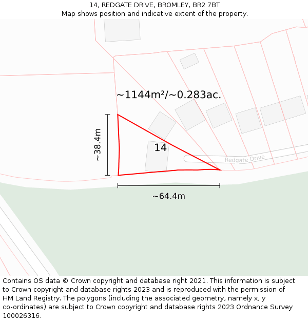 14, REDGATE DRIVE, BROMLEY, BR2 7BT: Plot and title map