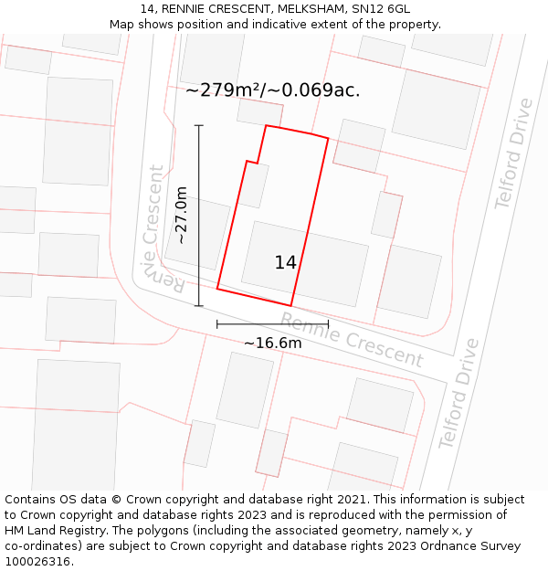 14, RENNIE CRESCENT, MELKSHAM, SN12 6GL: Plot and title map