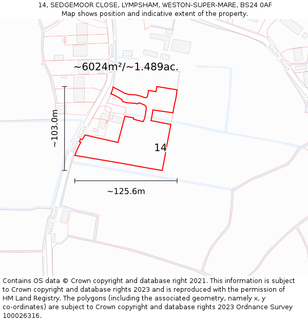 14, SEDGEMOOR CLOSE, LYMPSHAM, WESTON-SUPER-MARE, BS24 0AF: Plot and title map