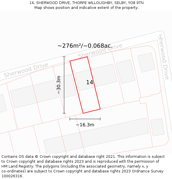 14, SHERWOOD DRIVE, THORPE WILLOUGHBY, SELBY, YO8 9TN: Plot and title map