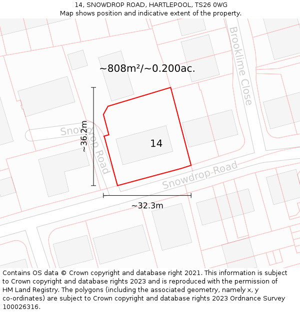 14, SNOWDROP ROAD, HARTLEPOOL, TS26 0WG: Plot and title map