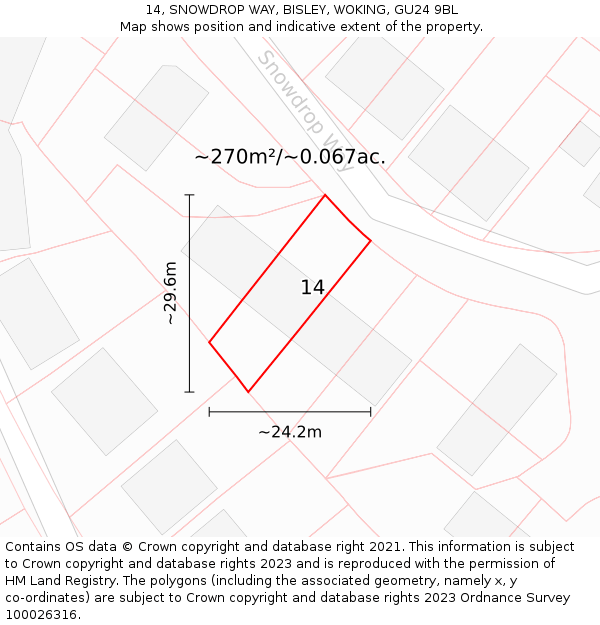 14, SNOWDROP WAY, BISLEY, WOKING, GU24 9BL: Plot and title map