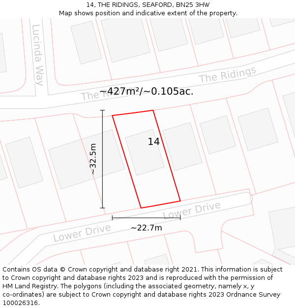 14, THE RIDINGS, SEAFORD, BN25 3HW: Plot and title map