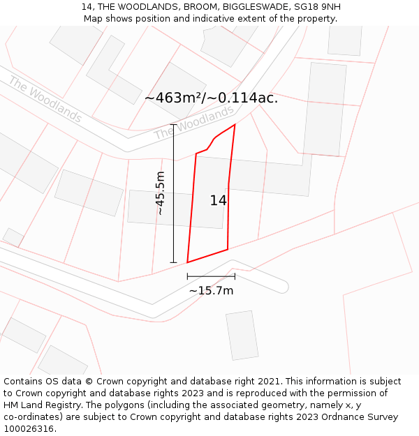 14, THE WOODLANDS, BROOM, BIGGLESWADE, SG18 9NH: Plot and title map