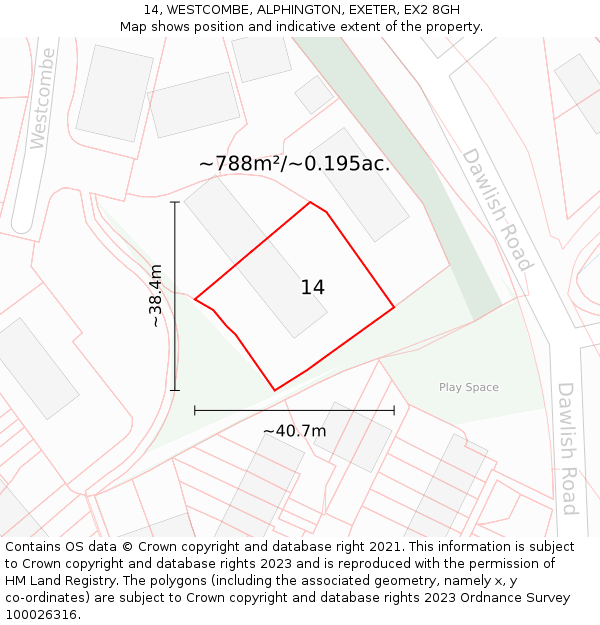 14, WESTCOMBE, ALPHINGTON, EXETER, EX2 8GH: Plot and title map