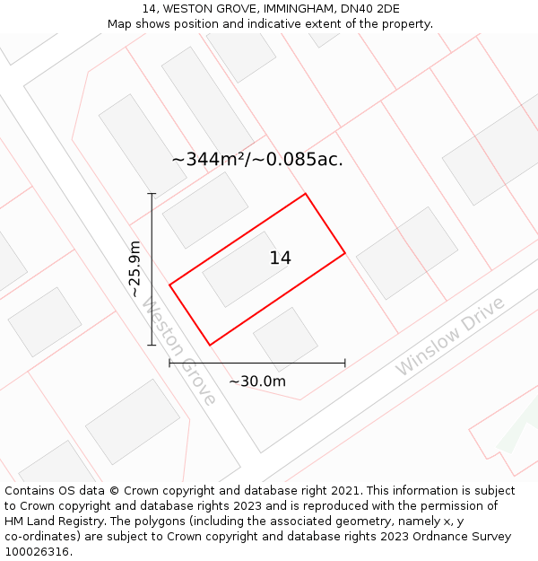 14, WESTON GROVE, IMMINGHAM, DN40 2DE: Plot and title map