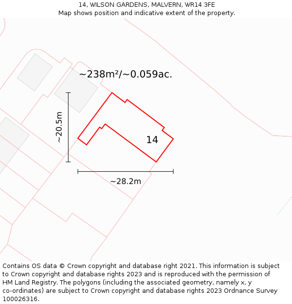 14, WILSON GARDENS, MALVERN, WR14 3FE: Plot and title map