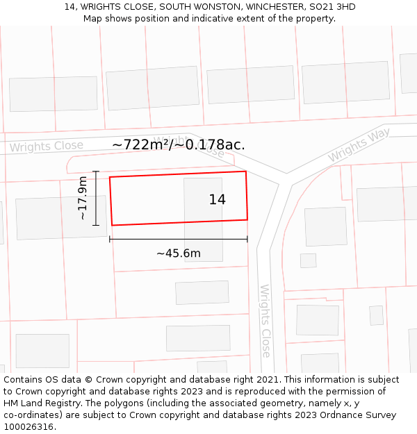 14, WRIGHTS CLOSE, SOUTH WONSTON, WINCHESTER, SO21 3HD: Plot and title map