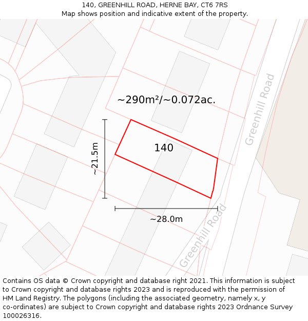 140, GREENHILL ROAD, HERNE BAY, CT6 7RS: Plot and title map