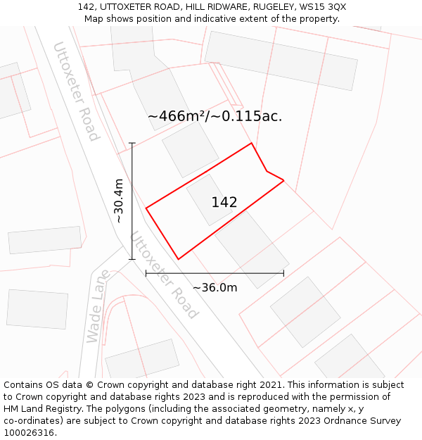 142, UTTOXETER ROAD, HILL RIDWARE, RUGELEY, WS15 3QX: Plot and title map