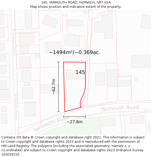 145, YARMOUTH ROAD, NORWICH, NR7 0SA: Plot and title map