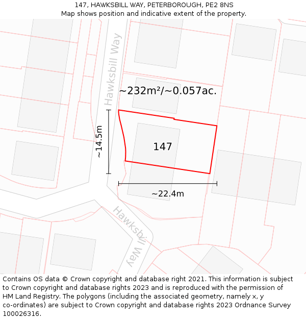 147, HAWKSBILL WAY, PETERBOROUGH, PE2 8NS: Plot and title map