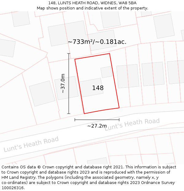 148, LUNTS HEATH ROAD, WIDNES, WA8 5BA: Plot and title map