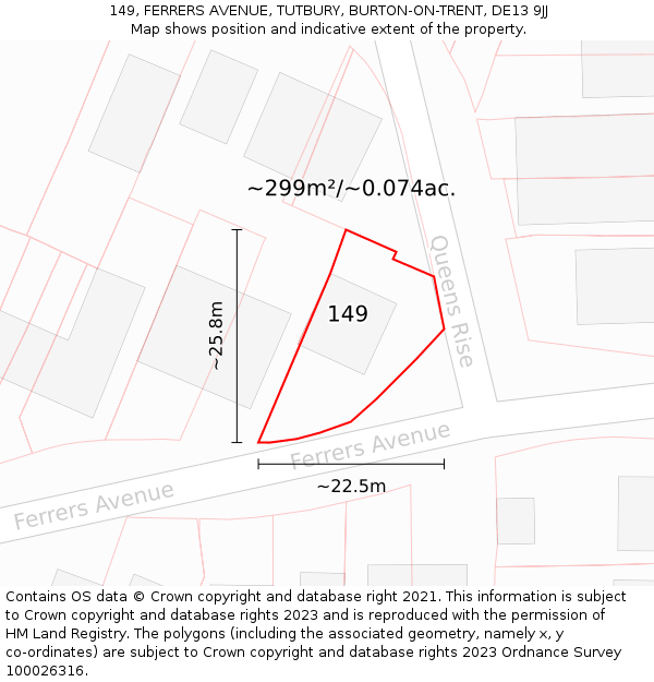 149, FERRERS AVENUE, TUTBURY, BURTON-ON-TRENT, DE13 9JJ: Plot and title map