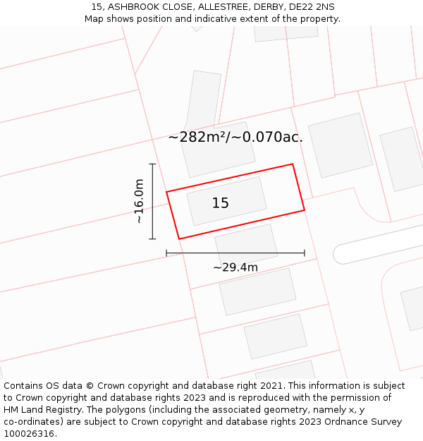 15, ASHBROOK CLOSE, ALLESTREE, DERBY, DE22 2NS: Plot and title map