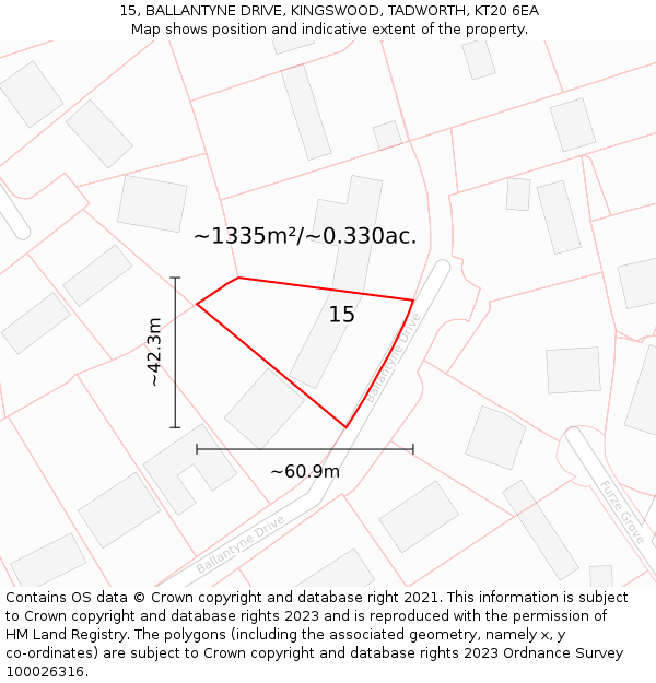 15, BALLANTYNE DRIVE, KINGSWOOD, TADWORTH, KT20 6EA: Plot and title map