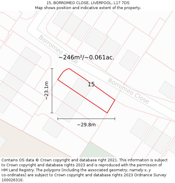 15, BORROMEO CLOSE, LIVERPOOL, L17 7DS: Plot and title map