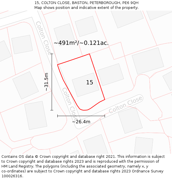 15, COLTON CLOSE, BASTON, PETERBOROUGH, PE6 9QH: Plot and title map